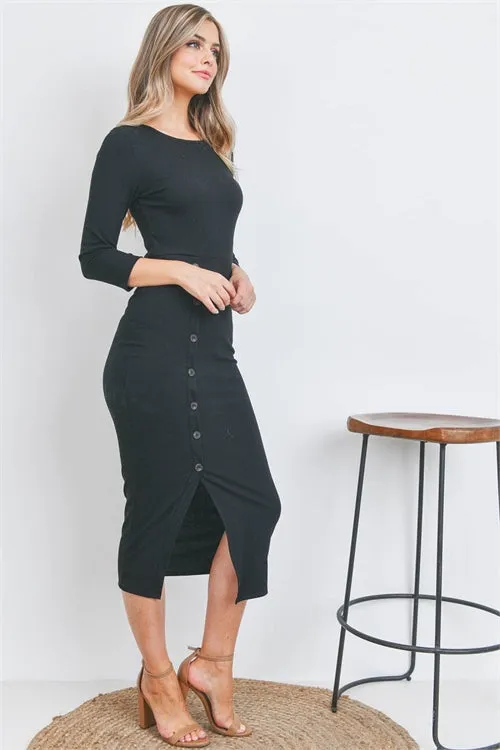 AD4915-BLACK ROUND NECK BUTTON FRONT RIB MIDI DRESS-1-2-2-1