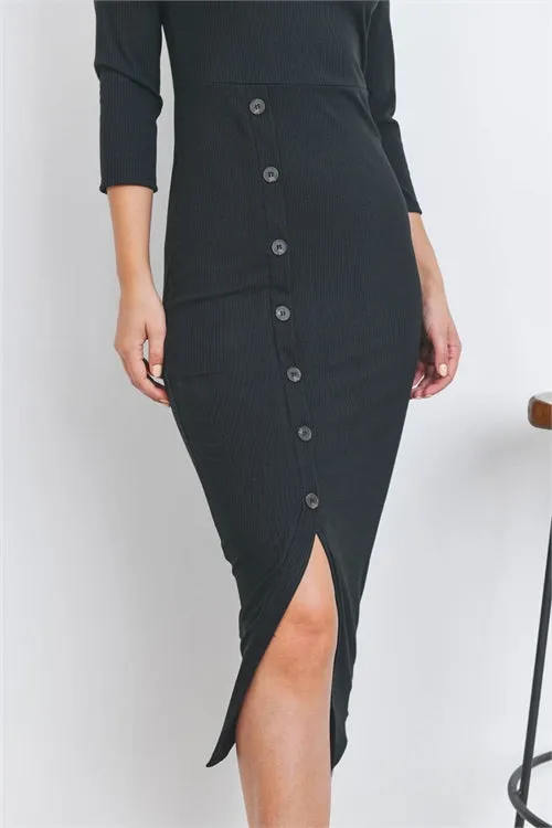 AD4915-BLACK ROUND NECK BUTTON FRONT RIB MIDI DRESS-1-2-2-1