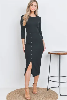 AD4915-BLACK ROUND NECK BUTTON FRONT RIB MIDI DRESS-1-2-2-1