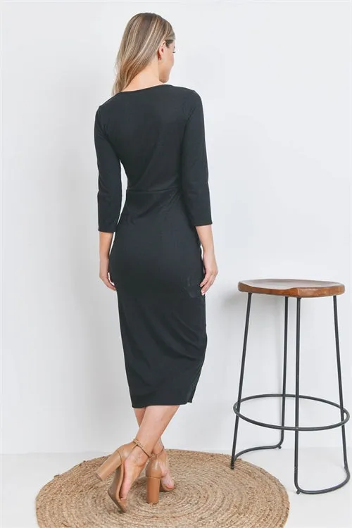 AD4915-BLACK ROUND NECK BUTTON FRONT RIB MIDI DRESS-1-2-2-1