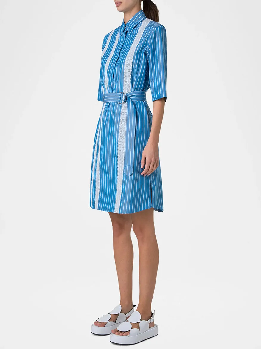 Akris Punto Pajama Stripe Collared Dress in Medium Blue/Cream