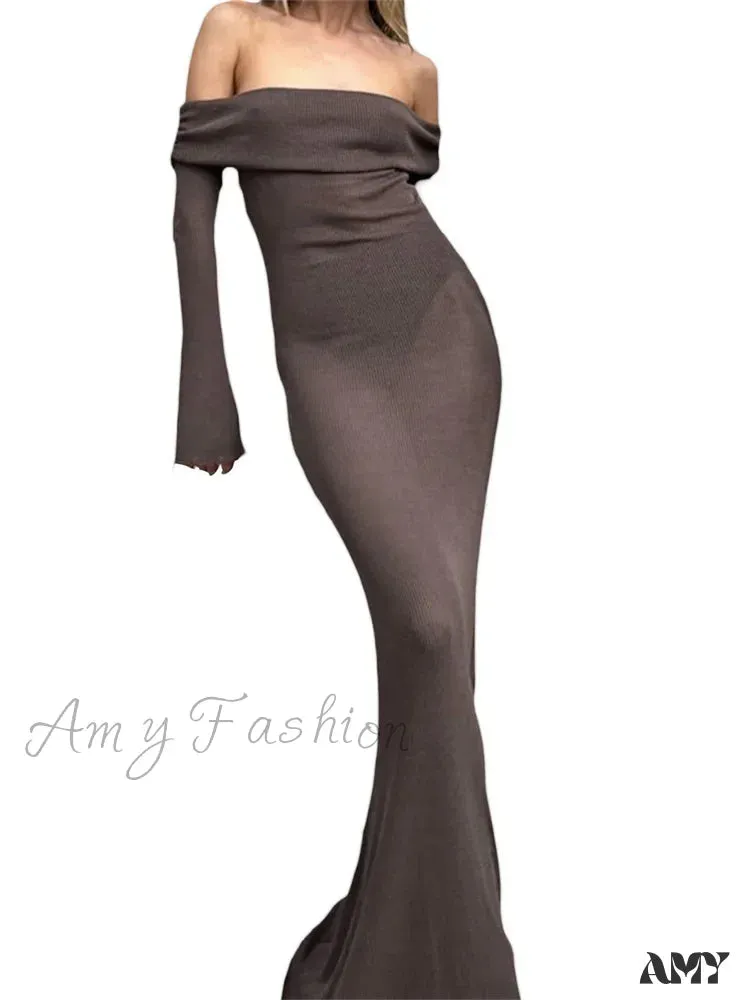 Amy Fashion - Sexy Women Slash Neck Off Shoulder Party Formal  Spring Autumn  Sleeve Slim Solid Female Vestidos