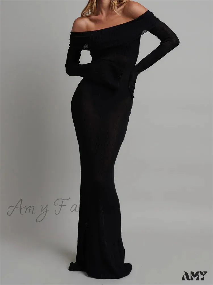 Amy Fashion - Sexy Women Slash Neck Off Shoulder Party Formal  Spring Autumn  Sleeve Slim Solid Female Vestidos
