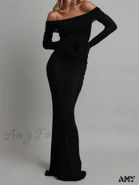 Amy Fashion - Sexy Women Slash Neck Off Shoulder Party Formal  Spring Autumn  Sleeve Slim Solid Female Vestidos