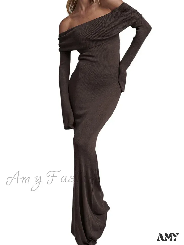 Amy Fashion - Sexy Women Slash Neck Off Shoulder Party Formal  Spring Autumn  Sleeve Slim Solid Female Vestidos