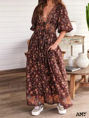 Amy Fashion - Vintage Women Summer Beach  Short Sleeve Deep V Neck Boho Floral Print Party Female Vestidos  New