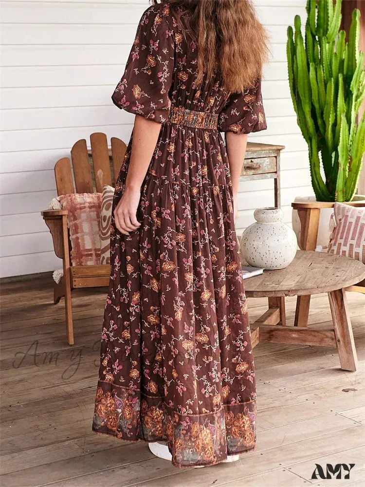 Amy Fashion - Vintage Women Summer Beach  Short Sleeve Deep V Neck Boho Floral Print Party Female Vestidos  New