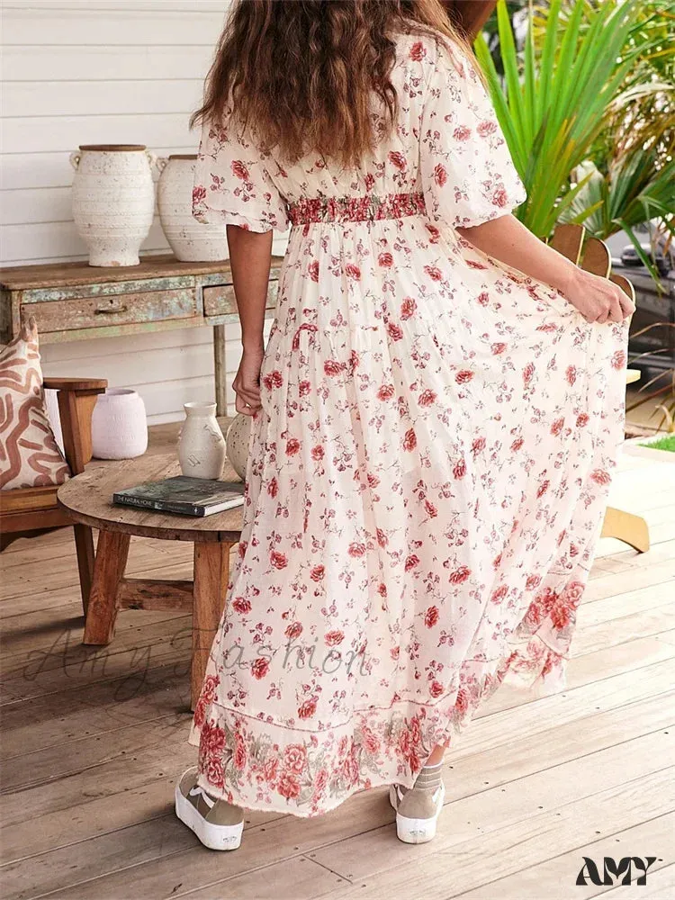 Amy Fashion - Vintage Women Summer Beach  Short Sleeve Deep V Neck Boho Floral Print Party Female Vestidos  New