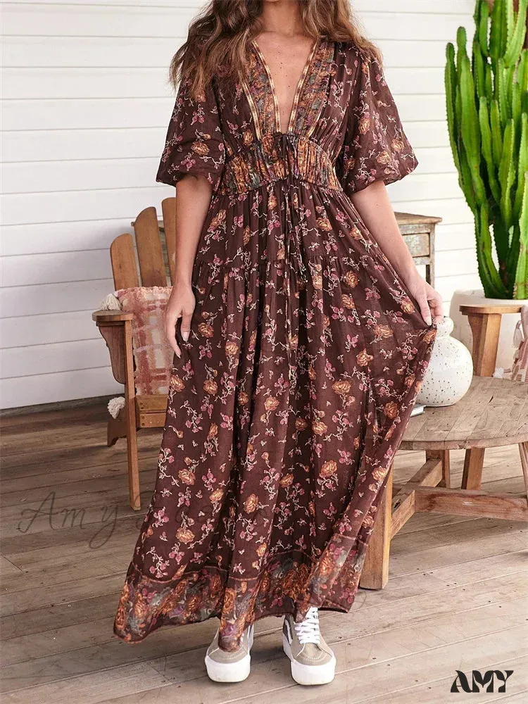Amy Fashion - Vintage Women Summer Beach  Short Sleeve Deep V Neck Boho Floral Print Party Female Vestidos  New