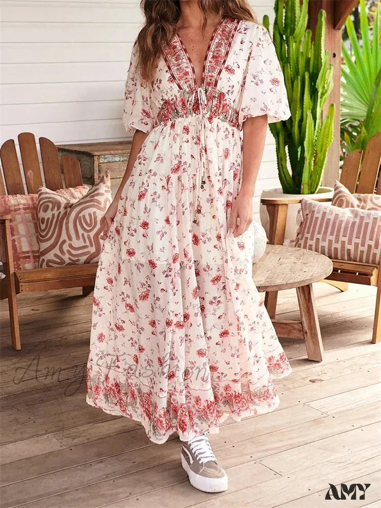 Amy Fashion - Vintage Women Summer Beach  Short Sleeve Deep V Neck Boho Floral Print Party Female Vestidos  New