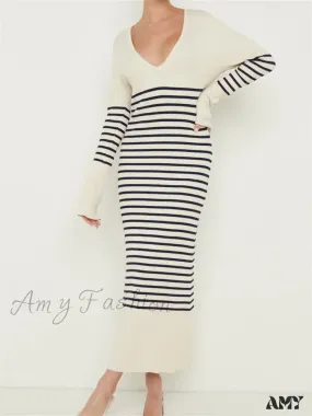 Amy Fashion - Women Knitted   Sleeve Deep V Neck Striped Slim Fit Spring Autumn Female Vestidos Streetwear