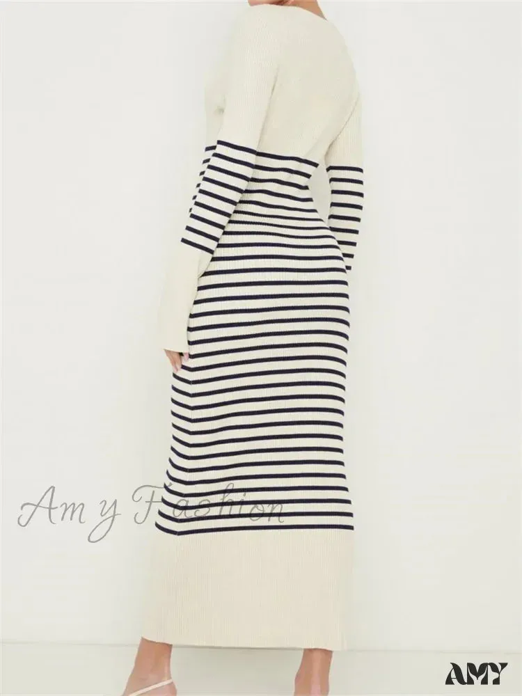 Amy Fashion - Women Knitted   Sleeve Deep V Neck Striped Slim Fit Spring Autumn Female Vestidos Streetwear