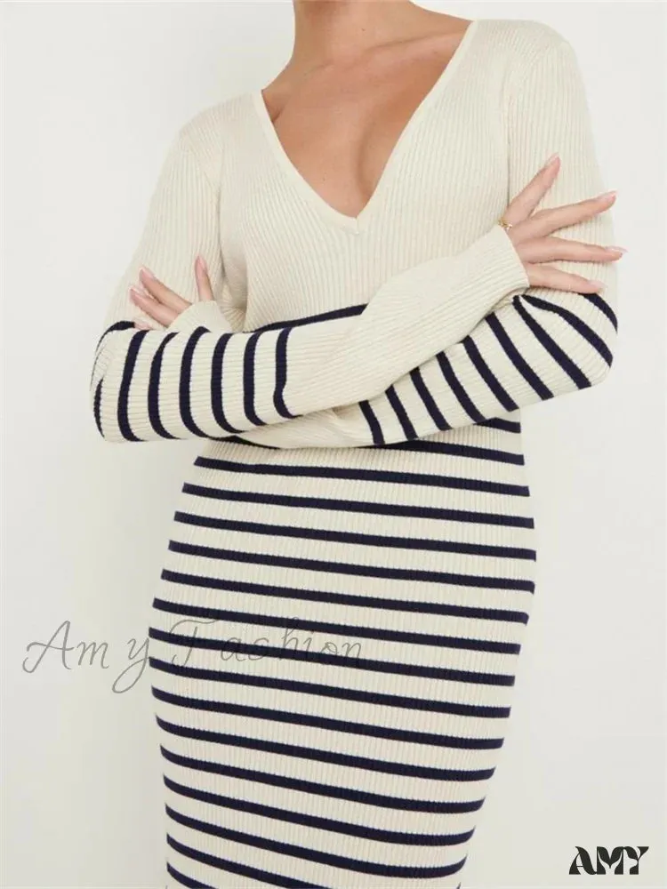 Amy Fashion - Women Knitted   Sleeve Deep V Neck Striped Slim Fit Spring Autumn Female Vestidos Streetwear