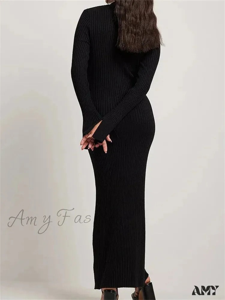 Amy Fashion - Women Ribbed Knitted   Flare Sleeve Lapel Solid Color Bodycon Party Going Out Female Vestido