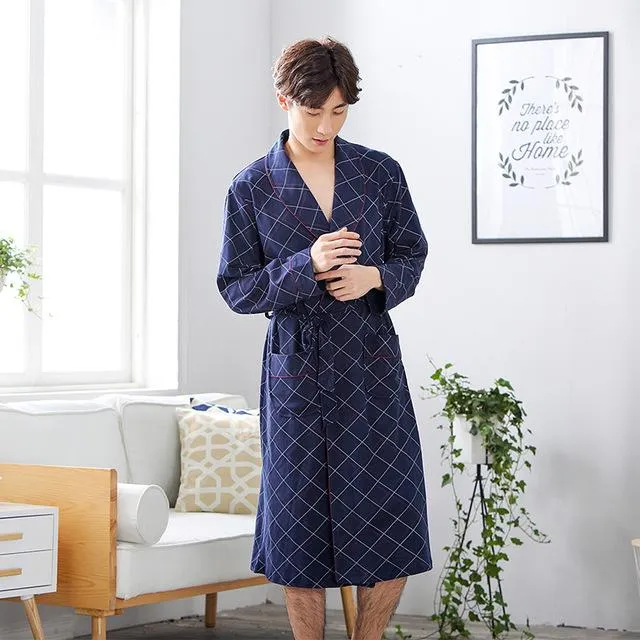 Bathrobe Men's Nightgown Autumn Long Comfortable Long Sleeve Summer Thin Summer Breathable Pajamas Men's Summer Home Service
