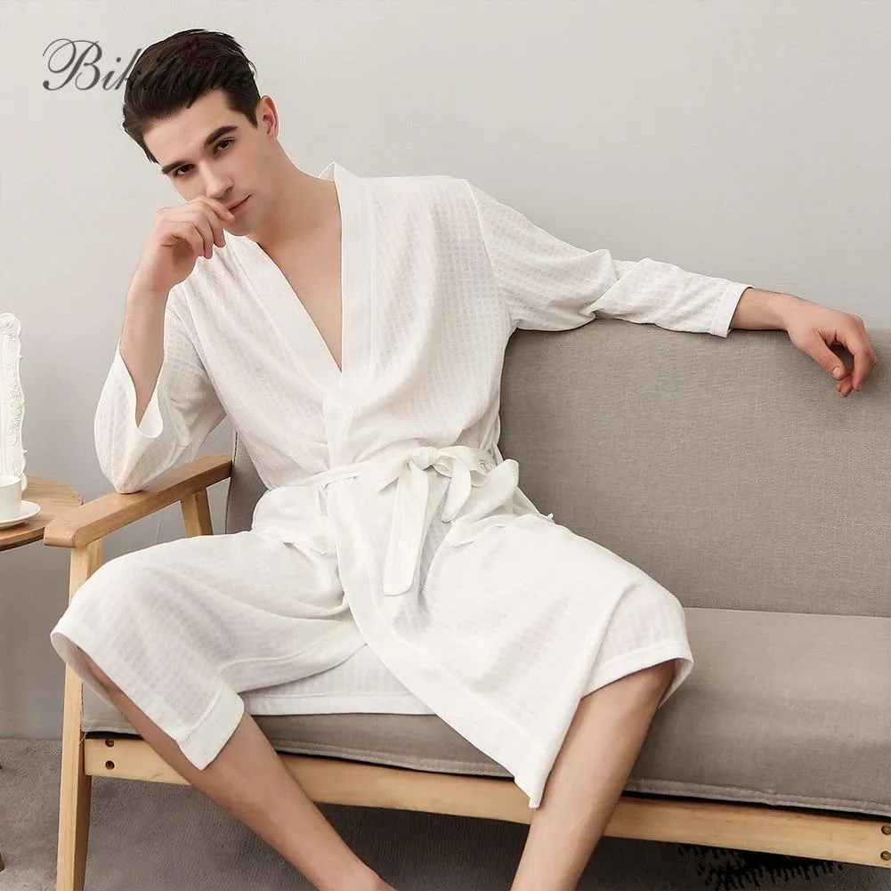 Bikitique Men Plus Size Cotton Bathrobes Autumn Kimono Long Sleeve Sleepwear Men Nightgowns Homewear Pijama Long Bathrobe Men