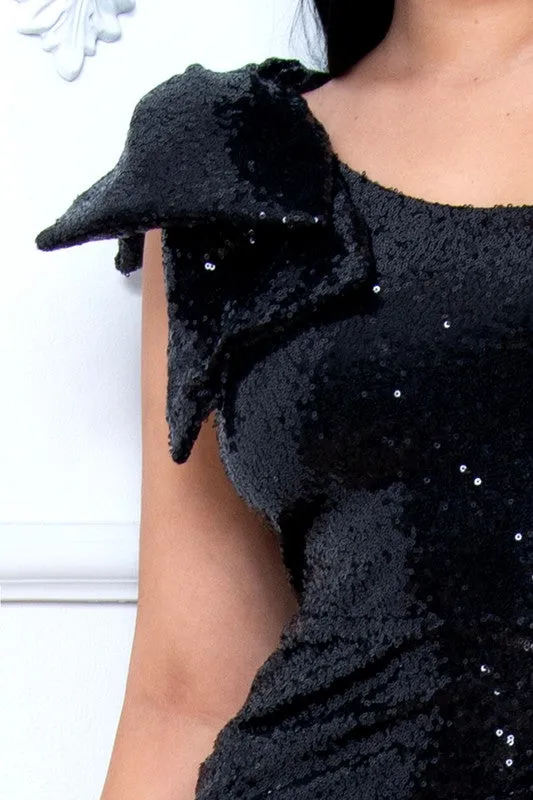 Black Sequin Ribbon On One Shoulder Maxi Dress
