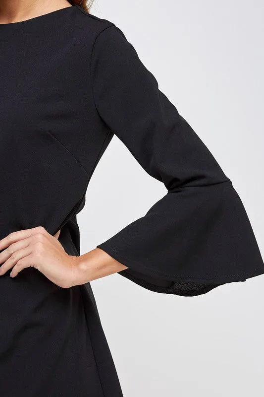 Black Solid Bell Sleeve Shift Dress