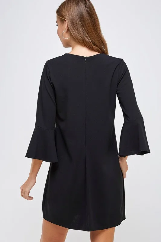 Black Solid Bell Sleeve Shift Dress