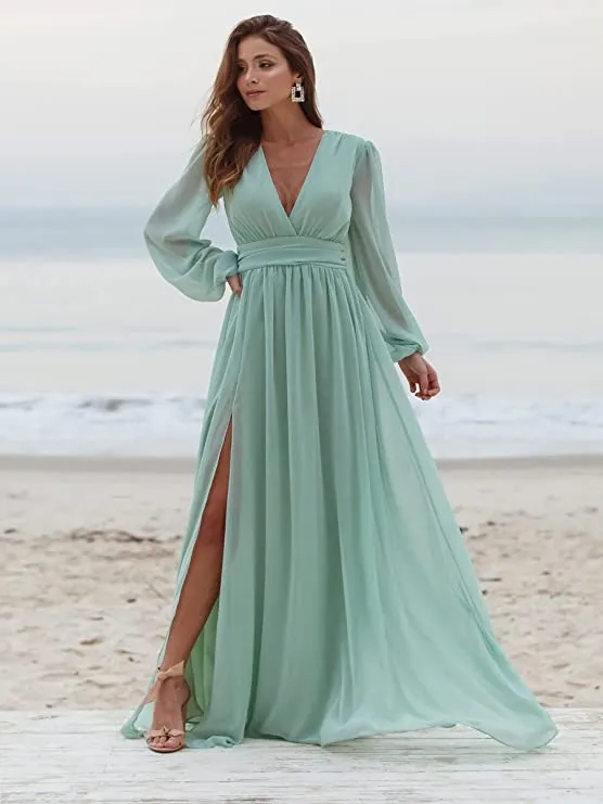 Blush Women's Bridesmaid Dresses Long Sleeve Chiffon Deep V-Neck Formal Evening Party Gowns for Women Guests with Split A-line - YnanLi Dress