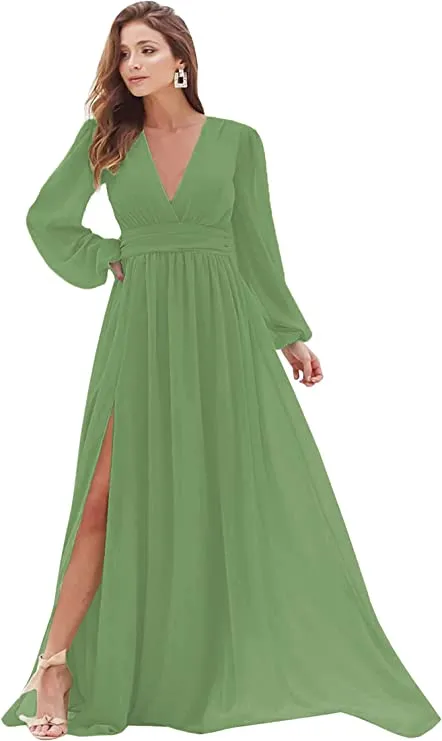 Blush Women's Bridesmaid Dresses Long Sleeve Chiffon Deep V-Neck Formal Evening Party Gowns for Women Guests with Split A-line - YnanLi Dress