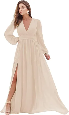 Blush Women's Bridesmaid Dresses Long Sleeve Chiffon Deep V-Neck Formal Evening Party Gowns for Women Guests with Split A-line - YnanLi Dress