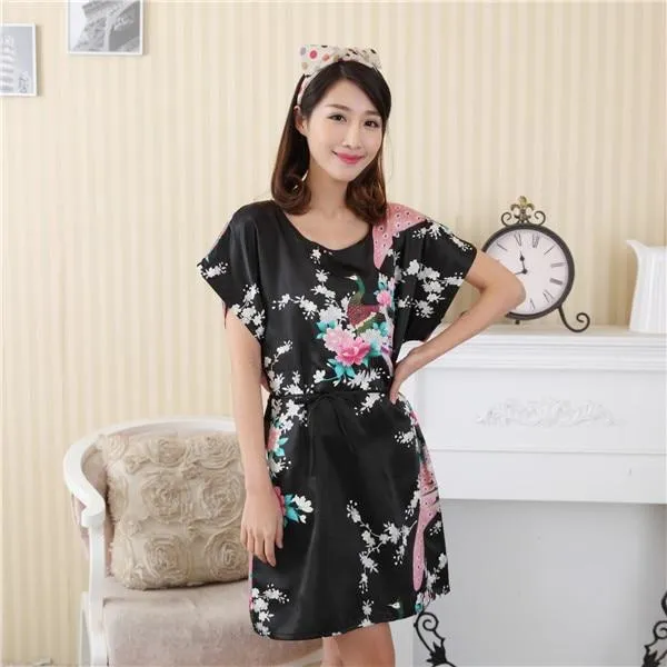 Brand New Chinese Women Robe Satin Nightgown Sexy Nightshirt Sleepwear Print Bath Gown Summer Casual Home Night Dress One Size