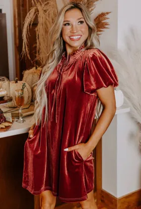 Copper Velvet Dress with Puff Sleeves