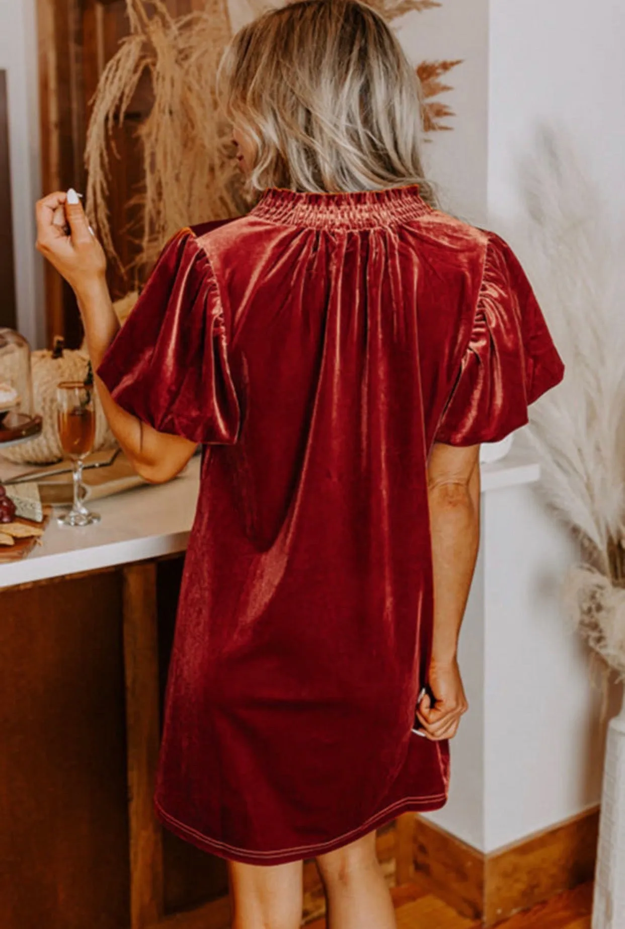 Copper Velvet Dress with Puff Sleeves