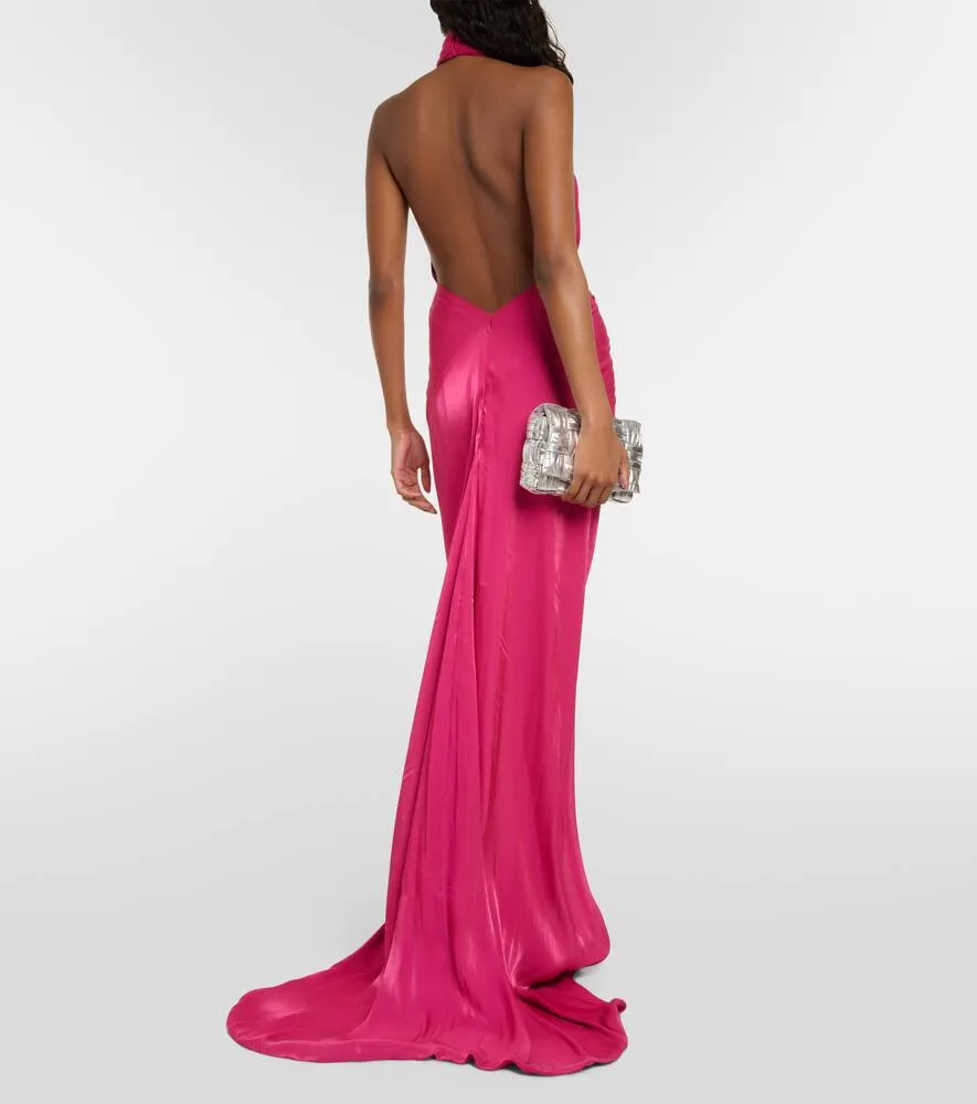 Costarellos Colette gathered halterneck satin gown