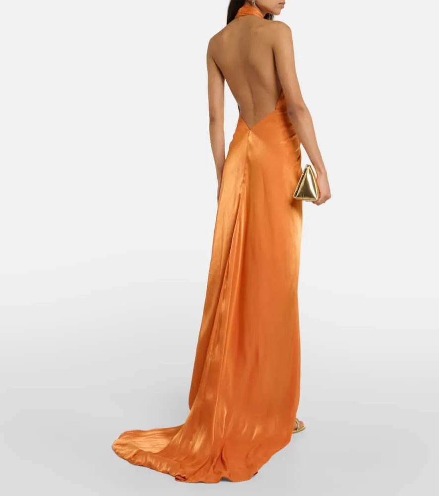 Costarellos Colette gathered halterneck silk gown