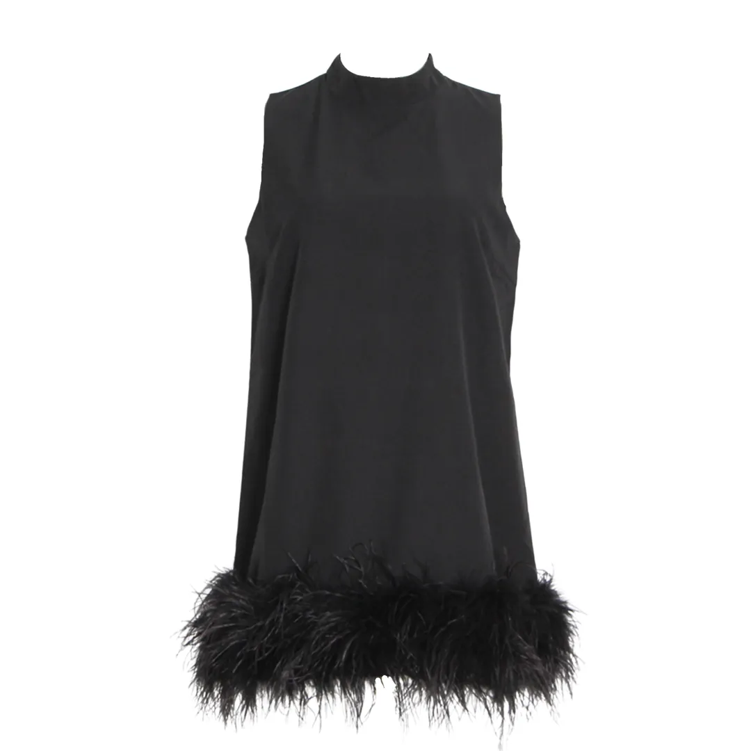 Feather Hem Mock Neck Shift Dress
