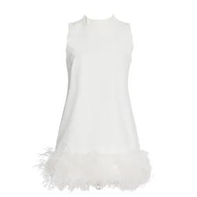 Feather Hem Mock Neck Shift Dress