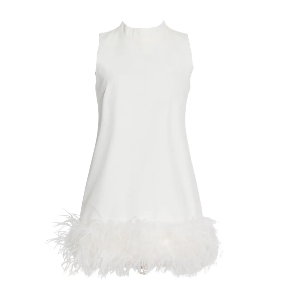 Feather Hem Mock Neck Shift Dress