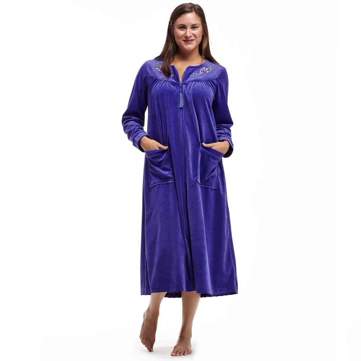 La Cera Zip Front Embroidered Yoke Robe