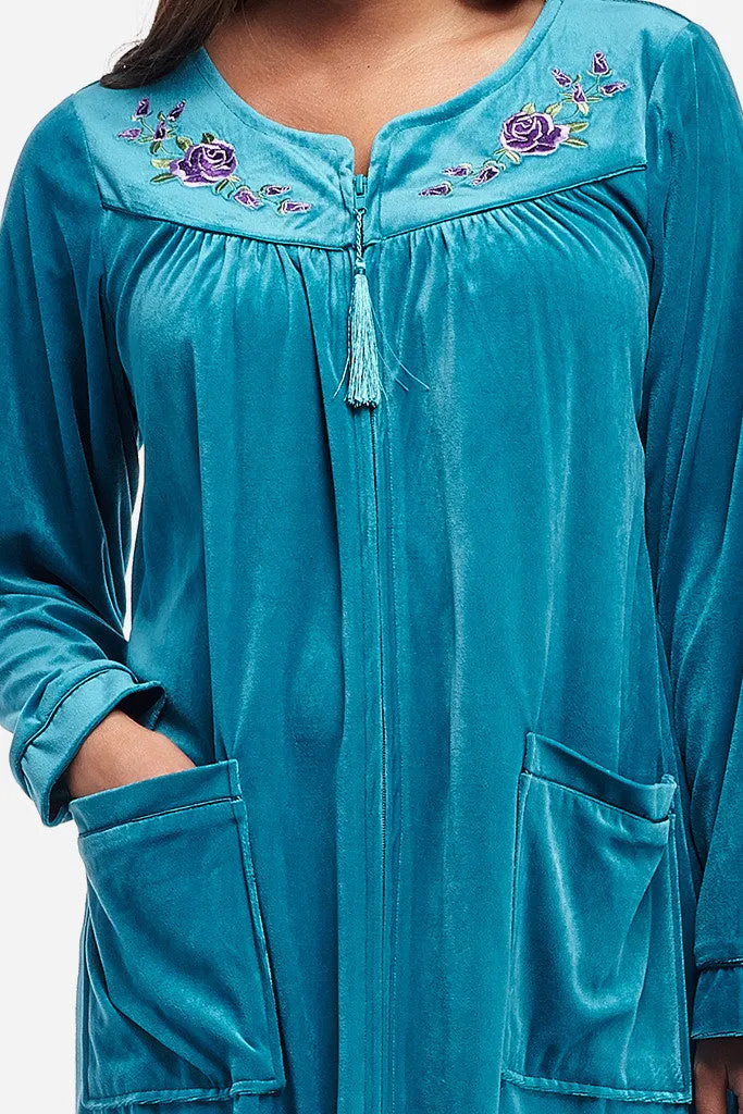 La Cera Zip Front Embroidered Yoke Robe