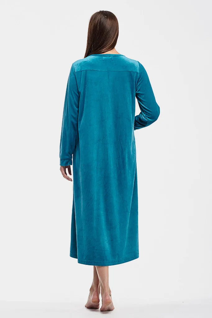 La Cera Zip Front Embroidered Yoke Robe