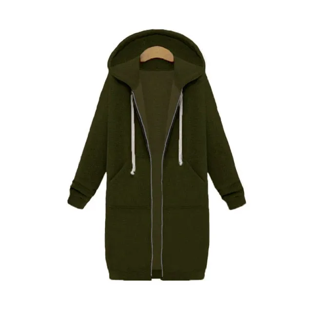 Leisure Loose Long Hooded Jackets Zipper Pockets up to Plus size Hoodies