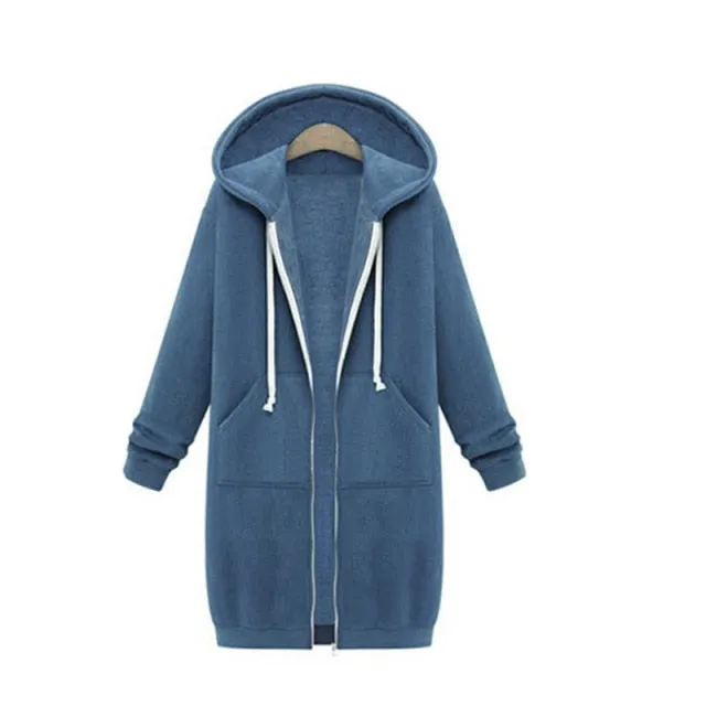Leisure Loose Long Hooded Jackets Zipper Pockets up to Plus size Hoodies