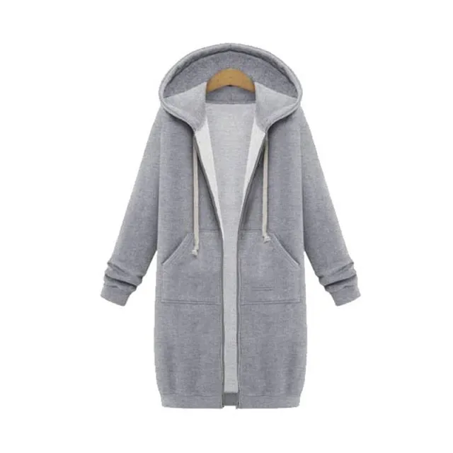 Leisure Loose Long Hooded Jackets Zipper Pockets up to Plus size Hoodies