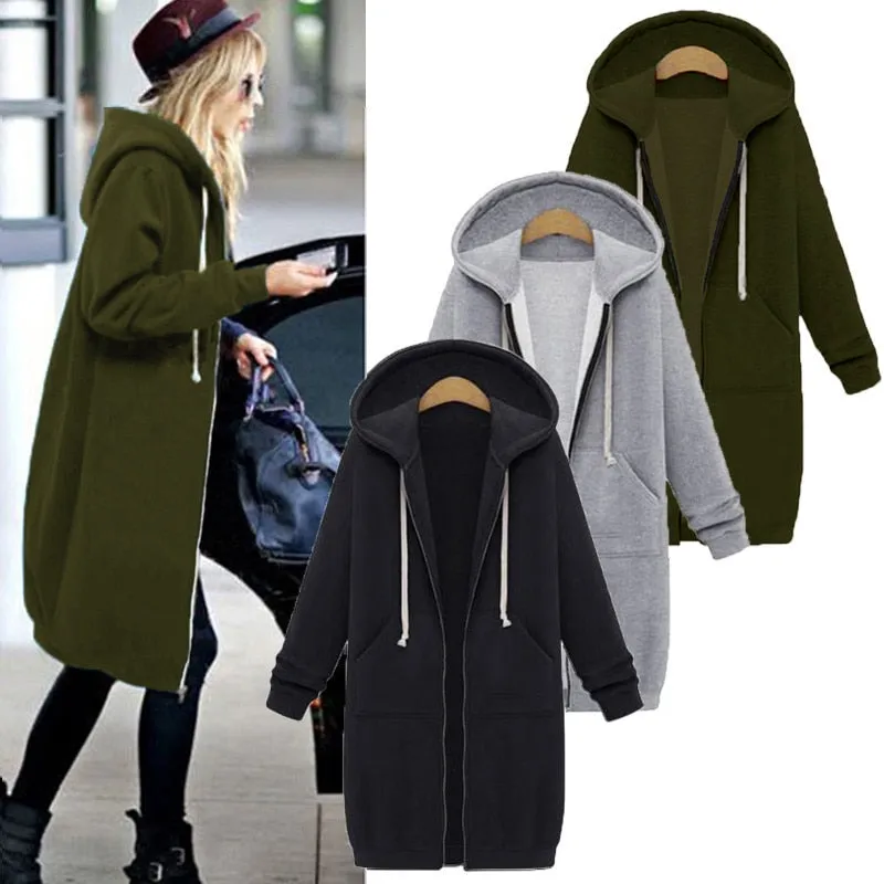 Leisure Loose Long Hooded Jackets Zipper Pockets up to Plus size Hoodies