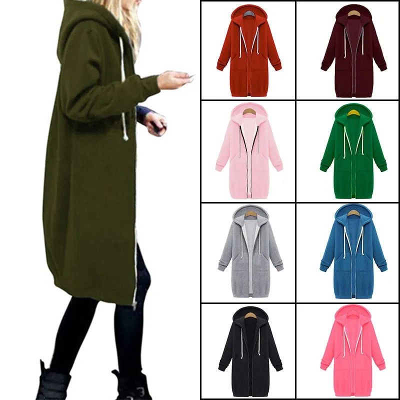 Leisure Loose Long Hooded Jackets Zipper Pockets up to Plus size Hoodies