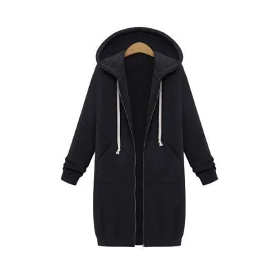 Leisure Loose Long Hooded Jackets Zipper Pockets up to Plus size Hoodies