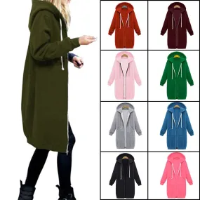 Leisure Loose Long Hooded Jackets Zipper Pockets up to Plus size Hoodies