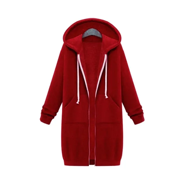 Leisure Loose Long Hooded Jackets Zipper Pockets up to Plus size Hoodies