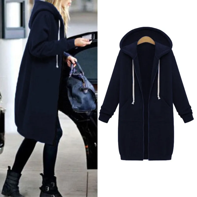 Leisure Loose Long Hooded Jackets Zipper Pockets up to Plus size Hoodies