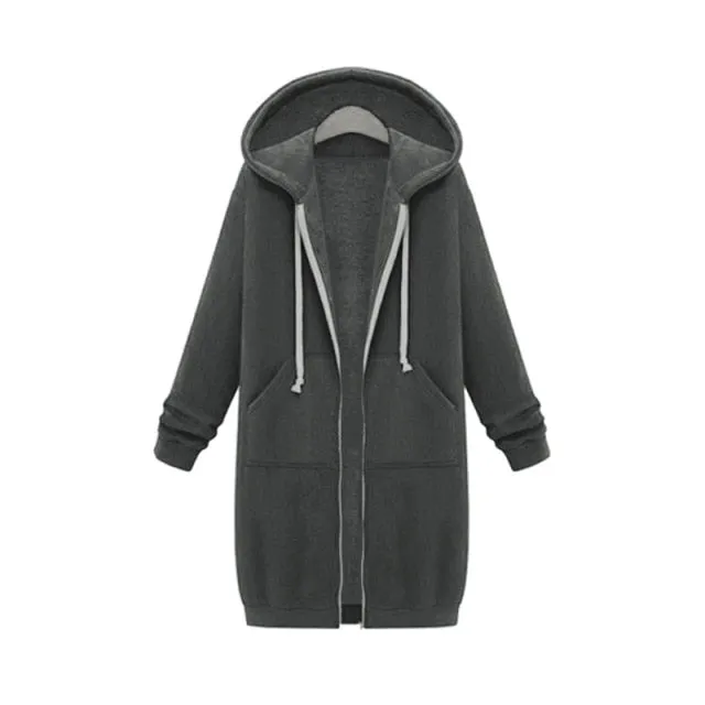 Leisure Loose Long Hooded Jackets Zipper Pockets up to Plus size Hoodies
