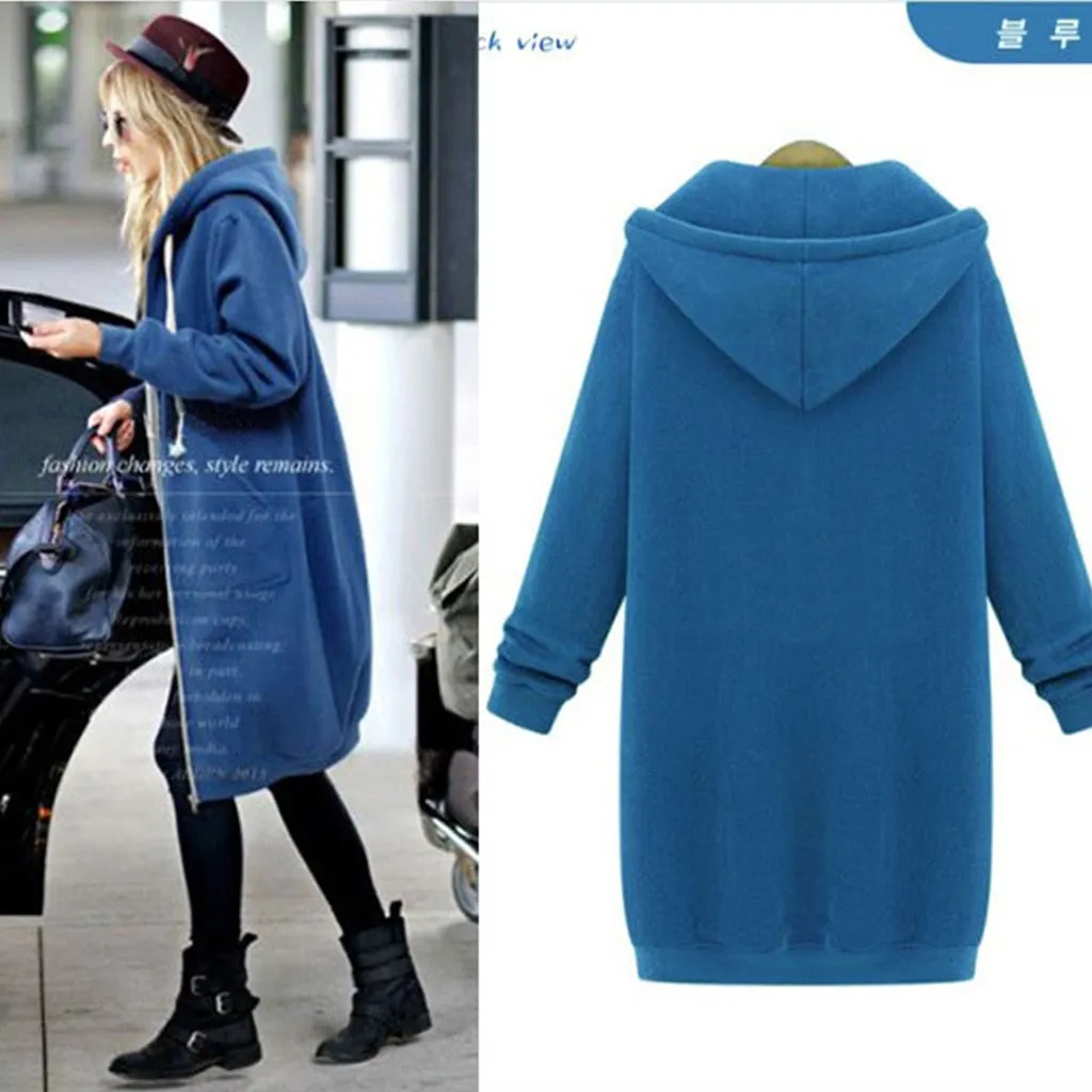 Leisure Loose Long Hooded Jackets Zipper Pockets up to Plus size Hoodies