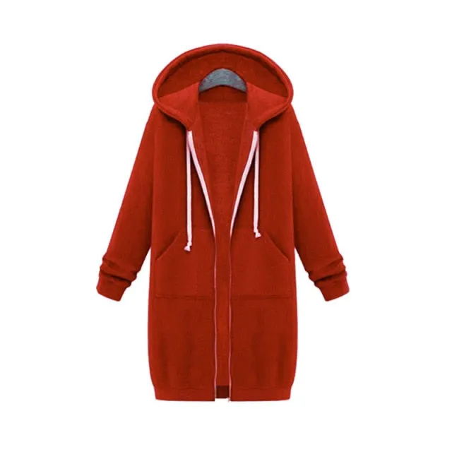 Leisure Loose Long Hooded Jackets Zipper Pockets up to Plus size Hoodies