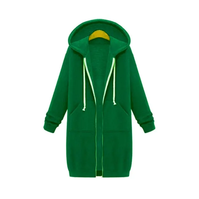 Leisure Loose Long Hooded Jackets Zipper Pockets up to Plus size Hoodies